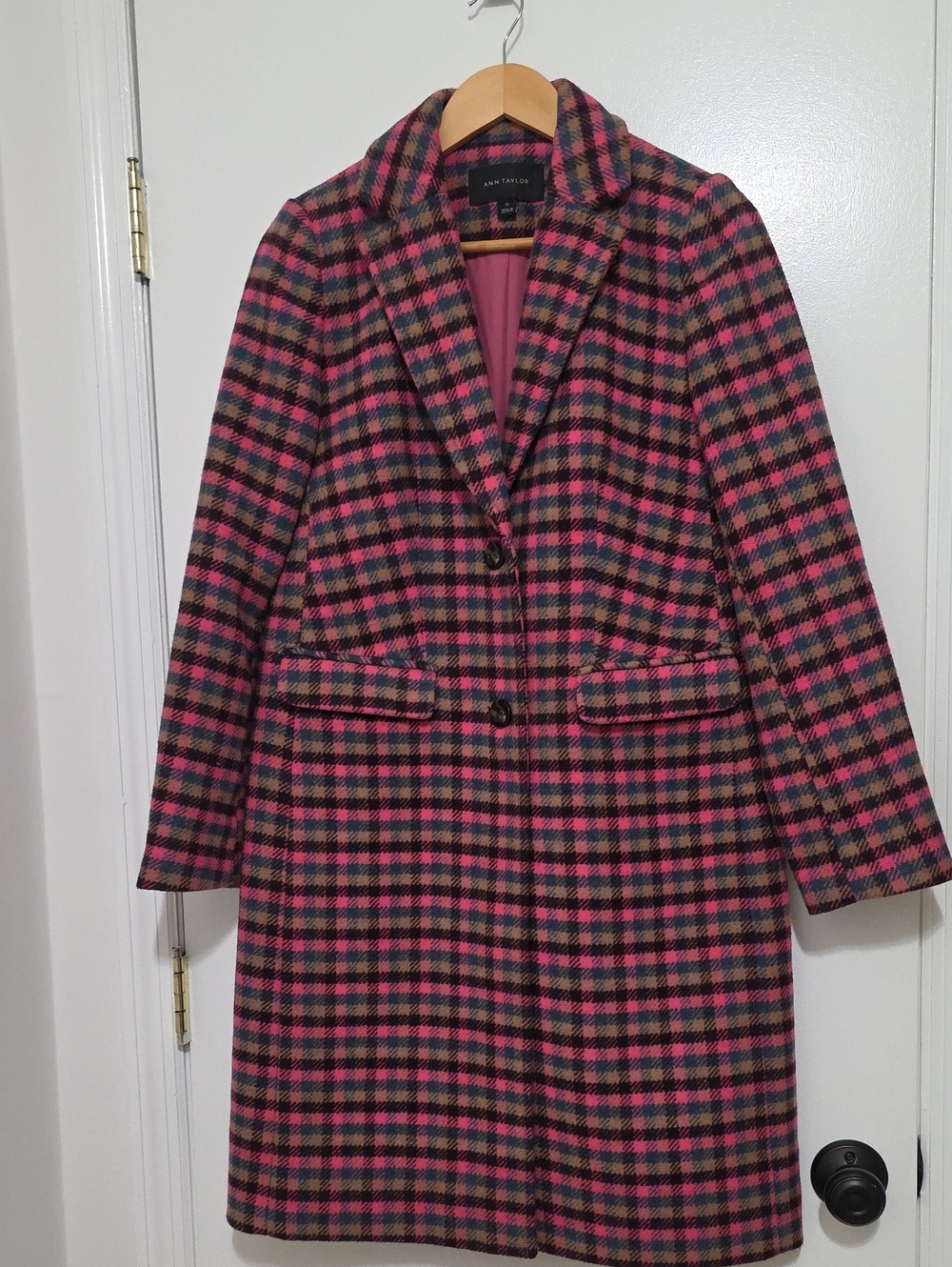 Ann Taylor Multi Color Pink Camel Plaid Wool-Blend Coat